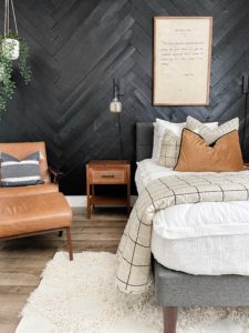 black bedroom wood herringbone feature wall