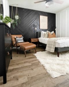 black wood herringbone bedroom feature wall